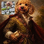 A fluffy brown dog with curly fur is playfully perched in a stone crevice, licking its nose with a bright green tennis ball held by its paws amidst moss-covered rocks.