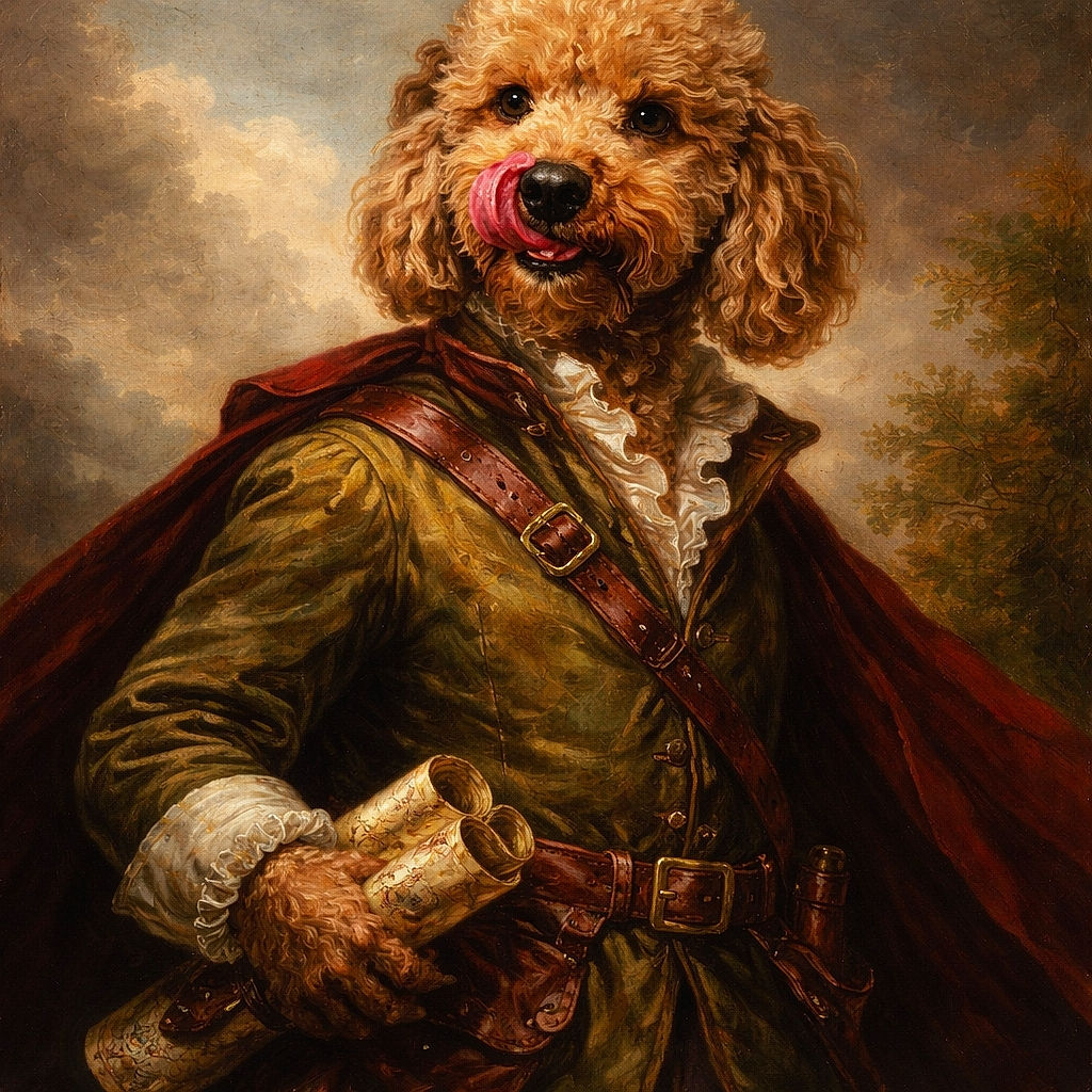 A fluffy brown dog with curly fur is playfully perched in a stone crevice, licking its nose with a bright green tennis ball held by its paws amidst moss-covered rocks.