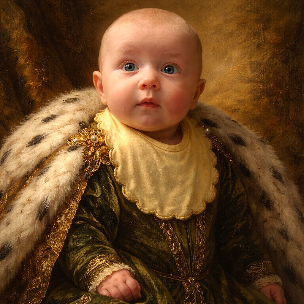 A wide-eyed baby perched against a vintage floral couch, wearing a yellow bib and green ribbed onesie — looking both surprised and suspicious as if they just remembered where they hid the pacifier. The warm, slightly dim lighting and patterned upholstery give the shot a cozy, homey vibe.