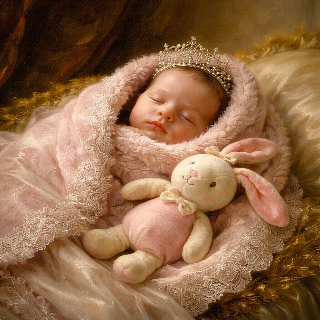 A peacefully sleeping baby wrapped snugly in a fluffy pink blanket, lying in a wooden crib with a cute pink and white bunny plush toy resting beside them, radiating pure cozy innocence.