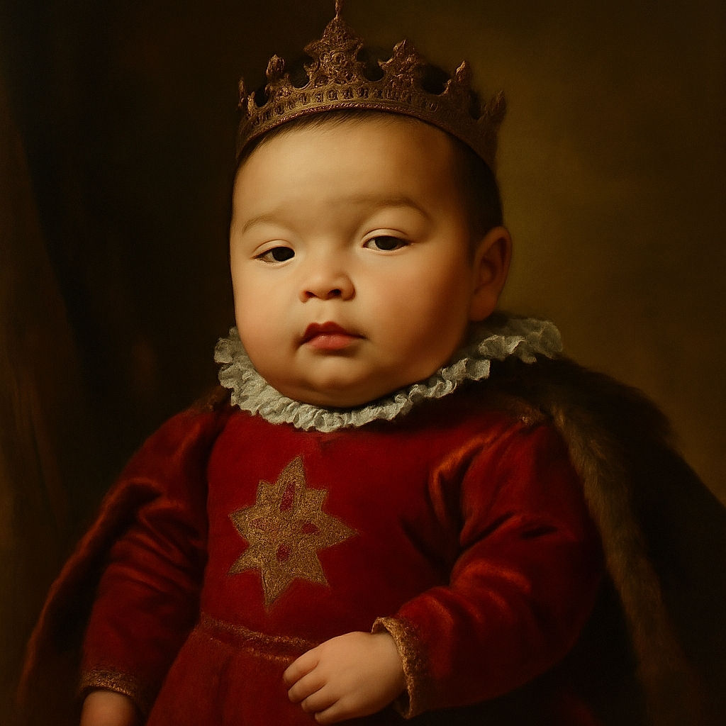 A sleepy baby in a red onesie with a yellow star and a cheeky slogan lounges comfortably, looking straight at the camera with a slightly tired expression, while the background shows a cozy indoor setting.