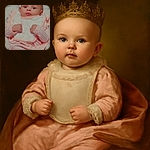 A wide-eyed baby bundled up in a cozy pink outfit and bib stares curiously at the camera, fists gently clenched, lying on a soft blanket with a dark background that contrasts the pastel colors.
