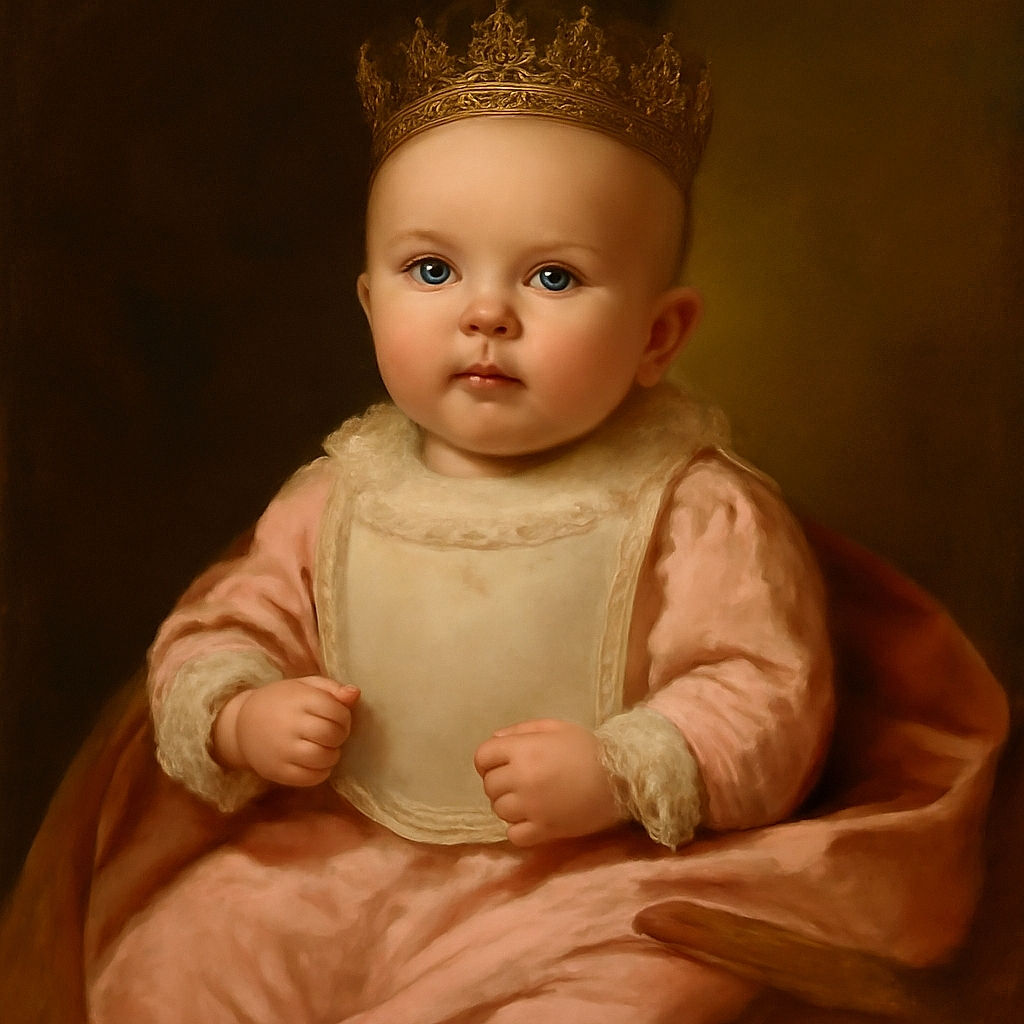 A wide-eyed baby bundled up in a cozy pink outfit and bib stares curiously at the camera, fists gently clenched, lying on a soft blanket with a dark background that contrasts the pastel colors.