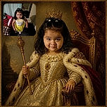 A cheerful little girl in a bright yellow flower dress stands proudly like the tiny headliner of a living-room fashion show, with a playpen, blanket, curtain, and hallway creating a cozy backstage scene.