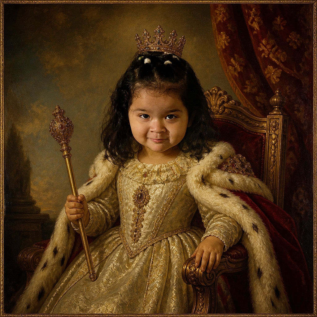 A cheerful little girl in a bright yellow flower dress stands proudly like the tiny headliner of a living-room fashion show, with a playpen, blanket, curtain, and hallway creating a cozy backstage scene.