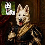 A fluffy white dog sits in the greenery, grinning with its tongue out like it has just won the forest's best-dressed award. Its stylish harness and dramatic ears give it the unmistakable look of a cheerful wilderness model, while a stray grass stem tries to steal the spotlight.
