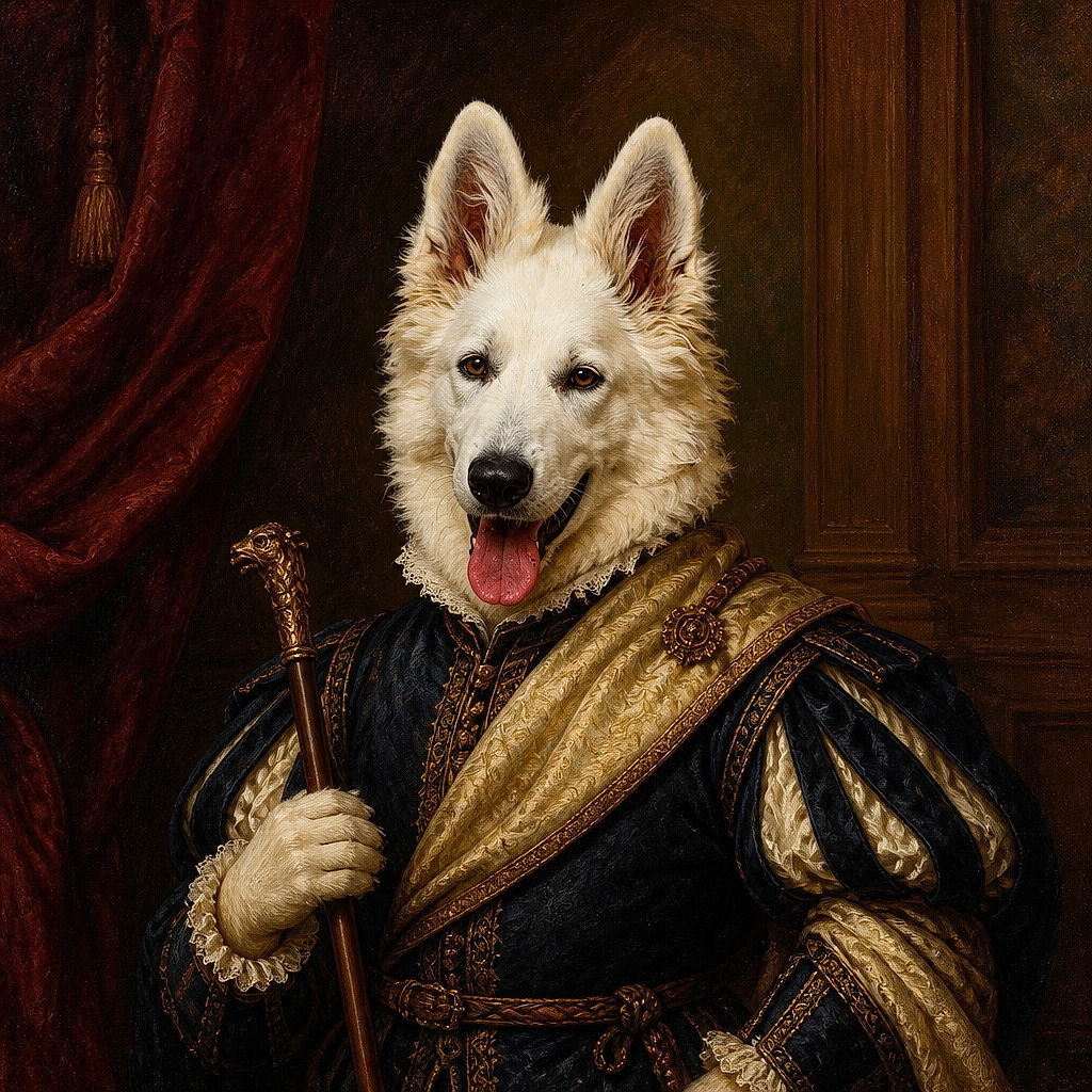 A fluffy white dog sits in the greenery, grinning with its tongue out like it has just won the forest's best-dressed award. Its stylish harness and dramatic ears give it the unmistakable look of a cheerful wilderness model, while a stray grass stem tries to steal the spotlight.