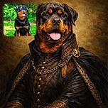 A happy Rottweiler dog sitting on lush green grass in a garden surrounded by leafy plants, looking content with its tongue out as if enjoying a sunny day.