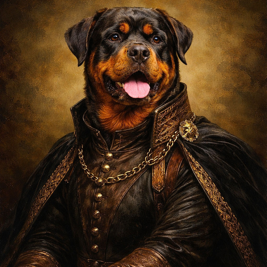 A happy Rottweiler dog sitting on lush green grass in a garden surrounded by leafy plants, looking content with its tongue out as if enjoying a sunny day.