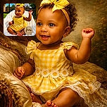 A joyful baby girl dressed in a bright yellow gingham dress with a matching bow headband sits comfortably on a fluffy white blanket outdoors, waving her hand with a big smile. Next to her is a wooden sign that reads 'five months', marking her age in this sunny, cheerful photo.
