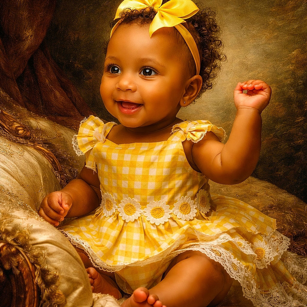 A joyful baby girl dressed in a bright yellow gingham dress with a matching bow headband sits comfortably on a fluffy white blanket outdoors, waving her hand with a big smile. Next to her is a wooden sign that reads 'five months', marking her age in this sunny, cheerful photo.