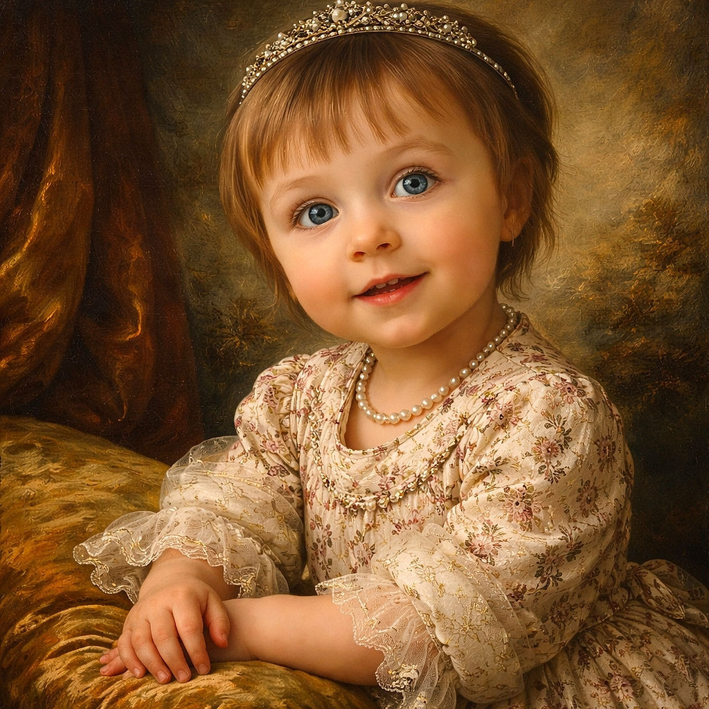 A wide-eyed toddler leans into the camera with big blue eyes and a curious grin, showing a few baby teeth — like they just discovered a magic snack. The cozy room behind has wooden chairs, bookshelves and a patterned cushion, as if storytime was paused for this adorable close-up.