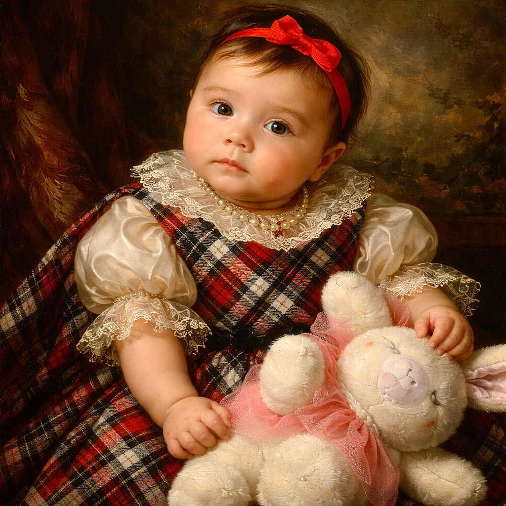 A chubby-cheeked baby lounges on a plush brown blanket in a red bow and plaid dress, giving a calm, wide-eyed stare while clutching a sleepy stuffed bunny like it's on cuddle-duty.