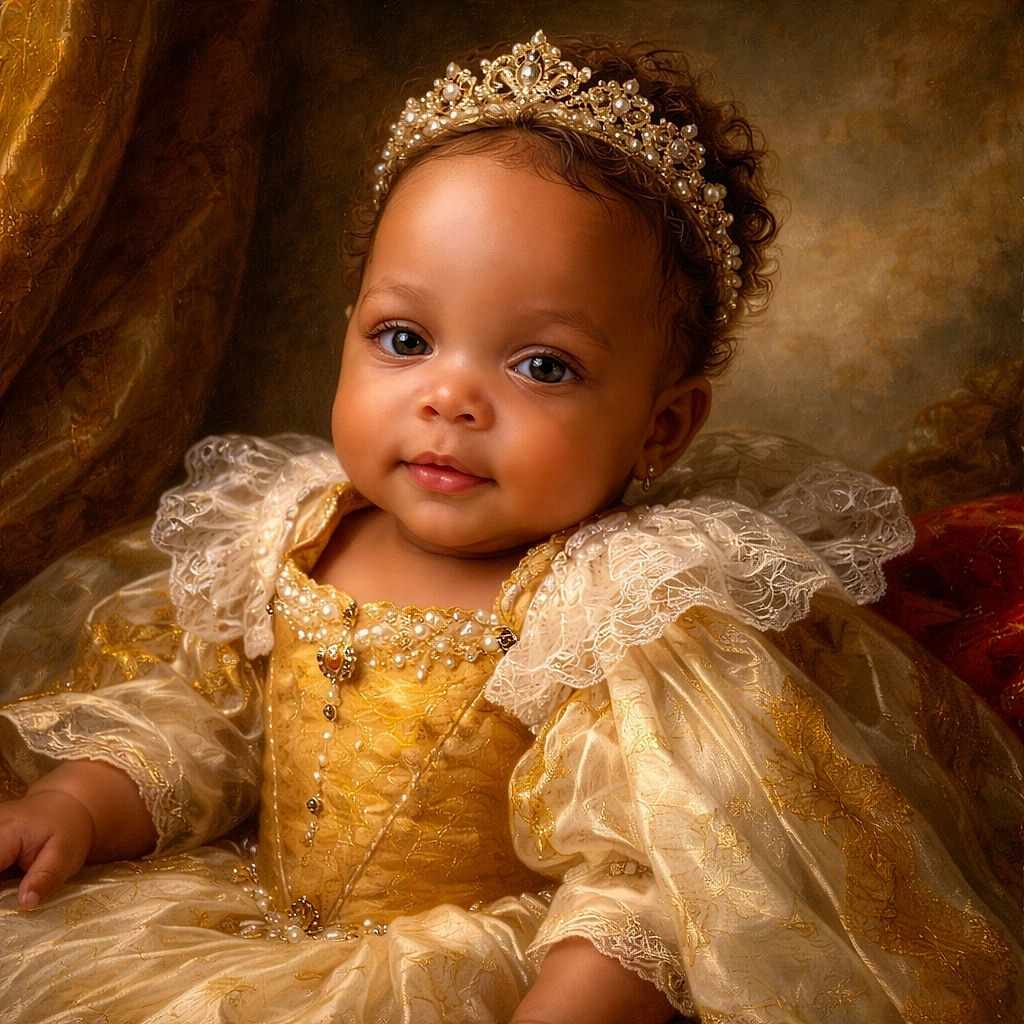 A chubby-cheeked baby lounges like a tiny monarch on a patterned pillow throne, sporting a yellow polka-dot onesie while an adult hand adjusts them and a blue pacifier waits like a loyal subject. The cozy bedroom backdrop and soft lighting make this look like a candid coronation photo for the cutest ruler in the house.