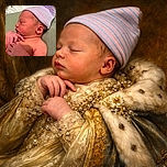 A peaceful newborn baby wearing a striped pink and blue hat is sleeping soundly, with tiny hands gently clasped near the chest, resting on a soft green surface with white blankets in the background.