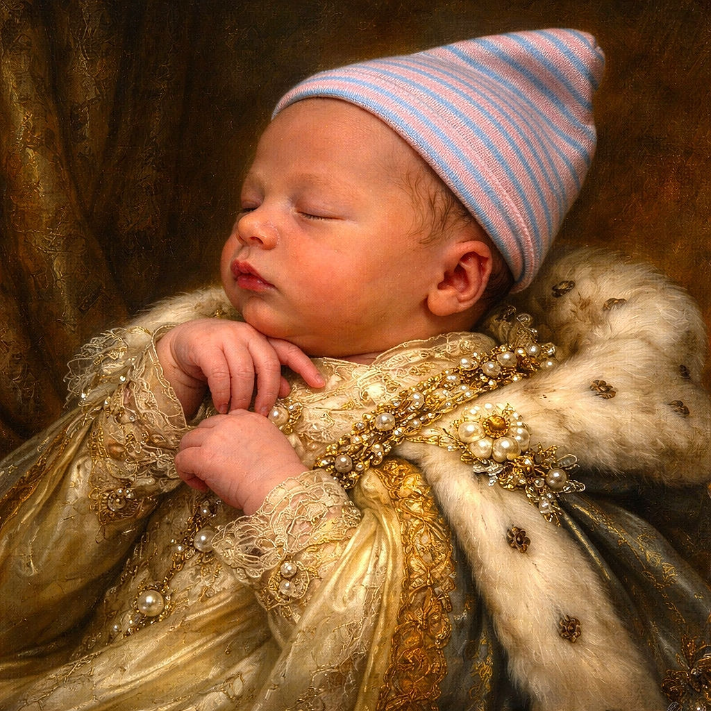 A peaceful newborn baby wearing a striped pink and blue hat is sleeping soundly, with tiny hands gently clasped near the chest, resting on a soft green surface with white blankets in the background.