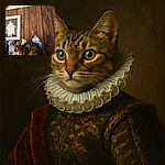 A curious tabby cat perched among blue and white porcelain vases in front of a rustic wooden wall, with a framed picture of a robed figure in the background. The cat looks alert and ready to pounce, blending feline grace with vintage decor charm.