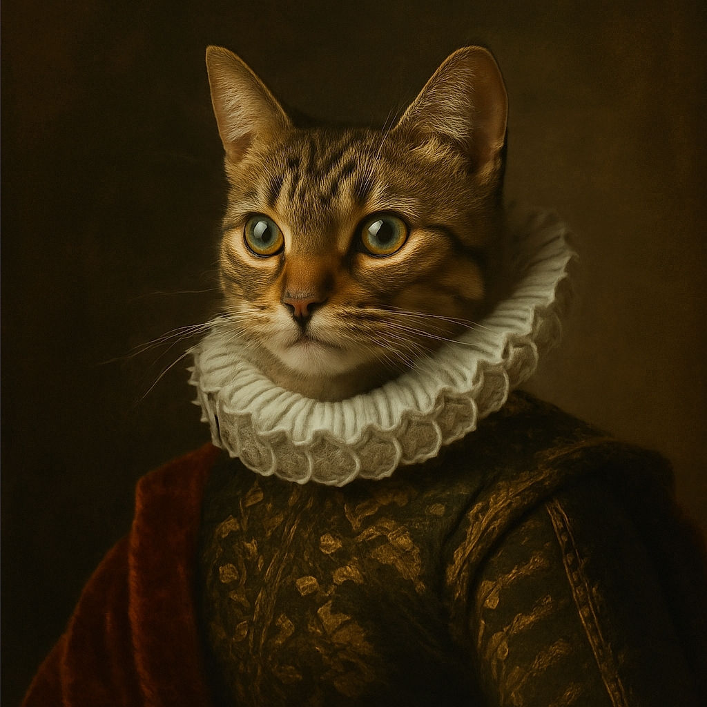 A curious tabby cat perched among blue and white porcelain vases in front of a rustic wooden wall, with a framed picture of a robed figure in the background. The cat looks alert and ready to pounce, blending feline grace with vintage decor charm.