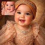 A close-up of an adorable baby with sparkling brown eyes, wearing a peach lace dress adorned with pearls and a matching headwrap, smiling joyfully against a warm, bokeh-filled background.