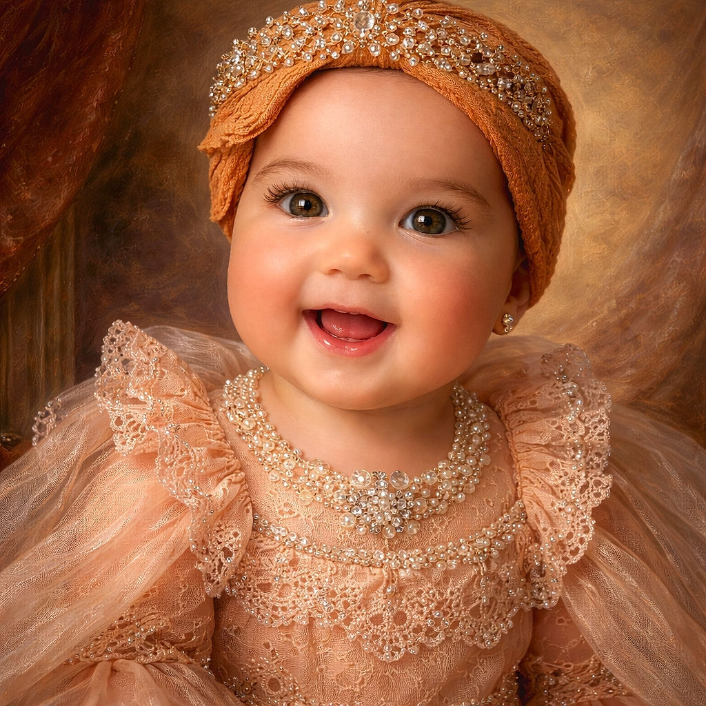 A close-up of an adorable baby with sparkling brown eyes, wearing a peach lace dress adorned with pearls and a matching headwrap, smiling joyfully against a warm, bokeh-filled background.