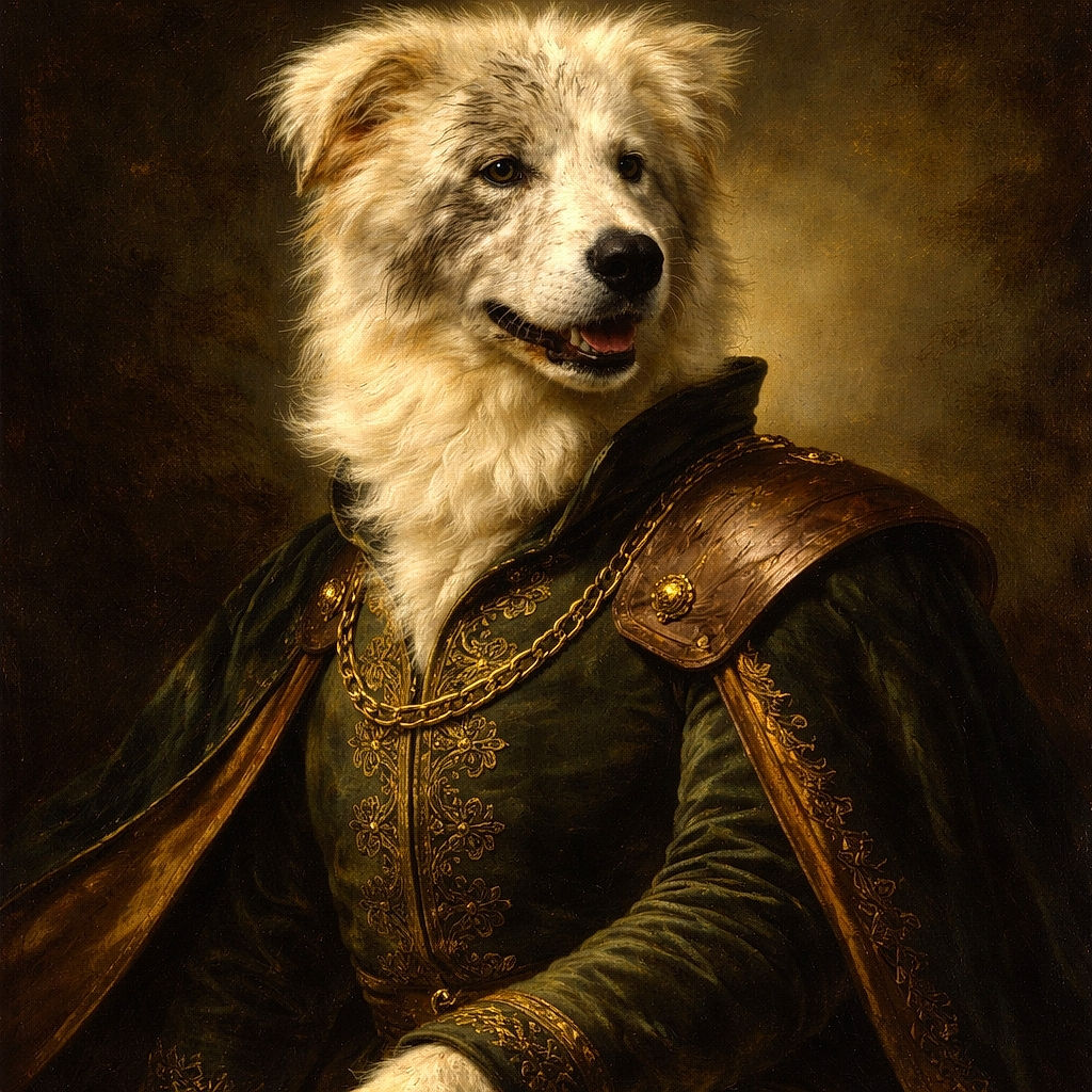 A fluffy white dog with muddy paws and a dirty face sits happily outdoors, proudly wearing a pink collar. The background shows some wooden steps and a grassy patch, hinting at a playful day spent outside getting a little messy.