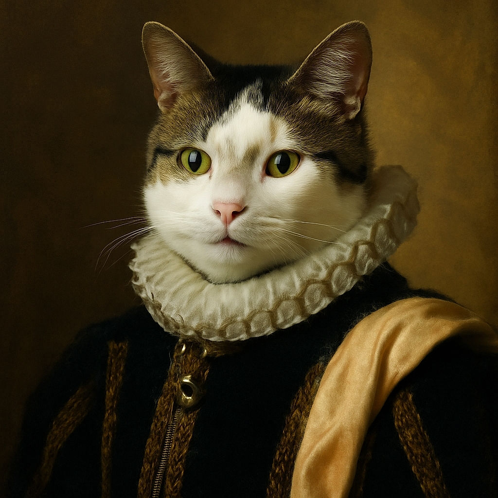 A cozy white and gray cat lounges on a brown carpet near a white door, looking calmly at the camera with a bell on its collar jingling softly.