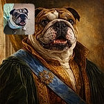 A delighted English bulldog in a little shirt stares up with a goofy, toothy grin — wrinkles, spotted muzzle, and a single fang giving serious charm. He's sitting on a beige carpet next to a bed with pale green bedding, looking like the roommate who always steals the snacks.