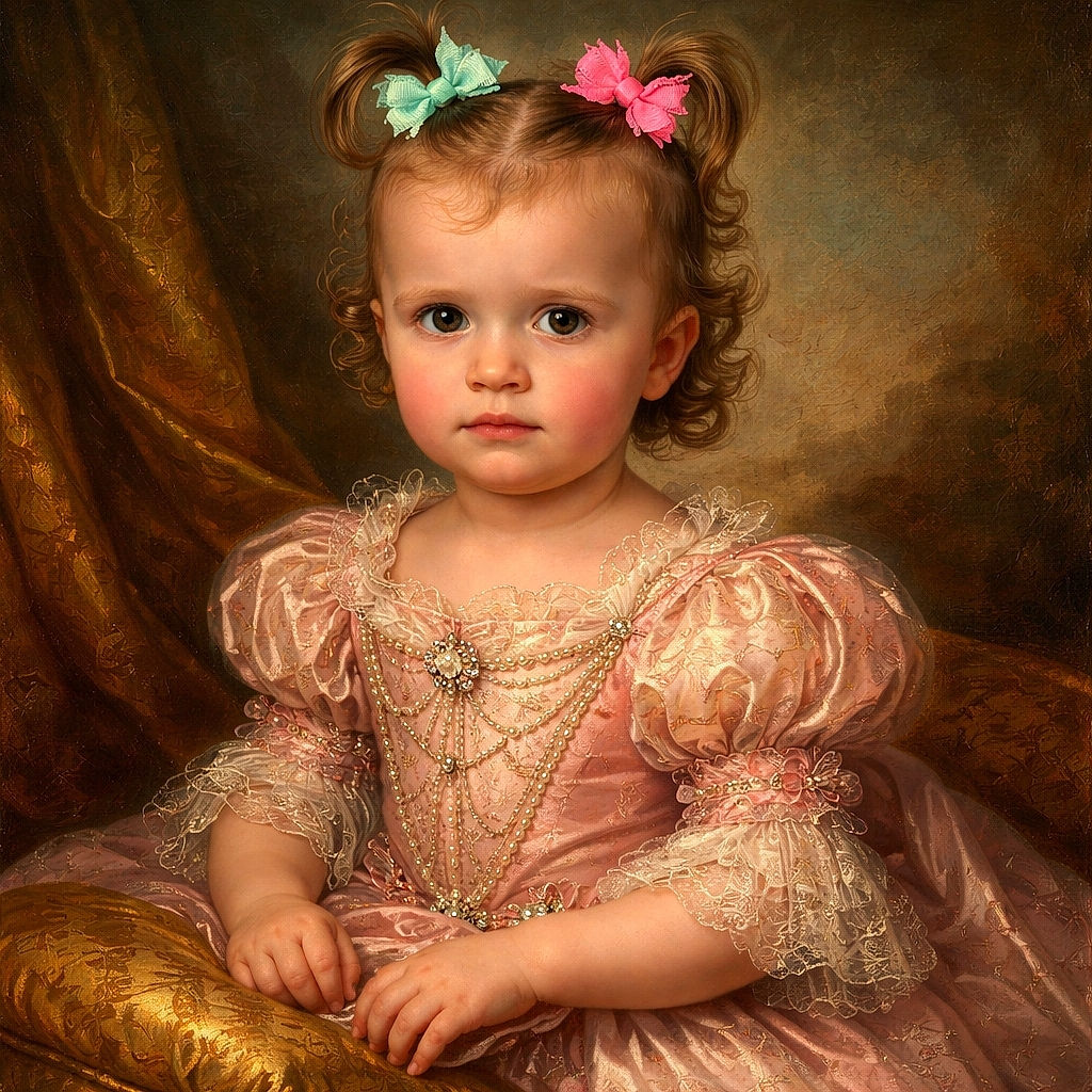 A tiny, suspicious-looking toddler with two colorful bows and a Minnie Mouse shirt stares at the camera like they've just been asked to share snacks. Soft blurred background, chubby hands fidgeting in lap, and an expression that perfectly blends curiosity, disdain, and mild betrayal.