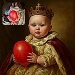 A chubby baby lying on a blanket on a carpeted floor, holding a bright red balloon close to their face with wide eyes and an open mouth, looking curious and playful.