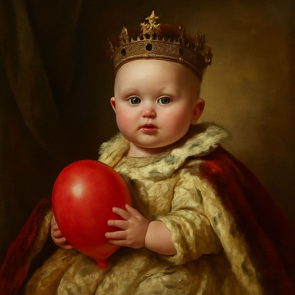 A chubby baby lying on a blanket on a carpeted floor, holding a bright red balloon close to their face with wide eyes and an open mouth, looking curious and playful.