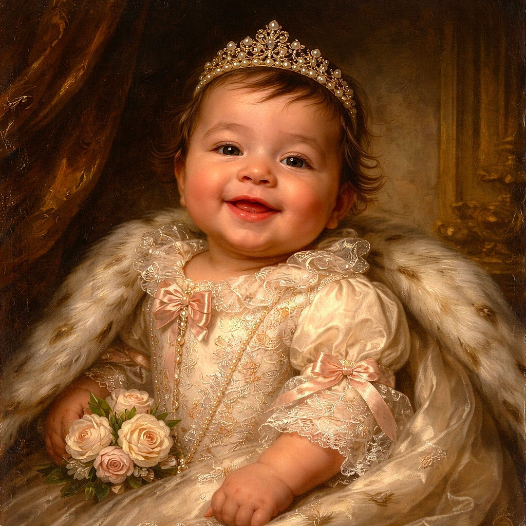 A beaming baby lounges in a cozy rocker, wearing a teddy-print onesie and flashing a gummy smile like they just told a great joke. Soft blankets and a wooden frame cradle the scene while a towel rack and tiles peek in the background — cuteness on full display.