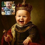 A joyful baby with bright eyes and a wide smile is sitting indoors on a carpet, wearing a grey 'My Little' t-shirt featuring a cartoon skeleton character. Behind, colorful animal and footprint stickers decorate a green cabinet, while baby toys and play mats fill the cozy room.