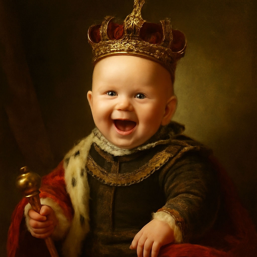 A joyful baby with bright eyes and a wide smile is sitting indoors on a carpet, wearing a grey 'My Little' t-shirt featuring a cartoon skeleton character. Behind, colorful animal and footprint stickers decorate a green cabinet, while baby toys and play mats fill the cozy room.