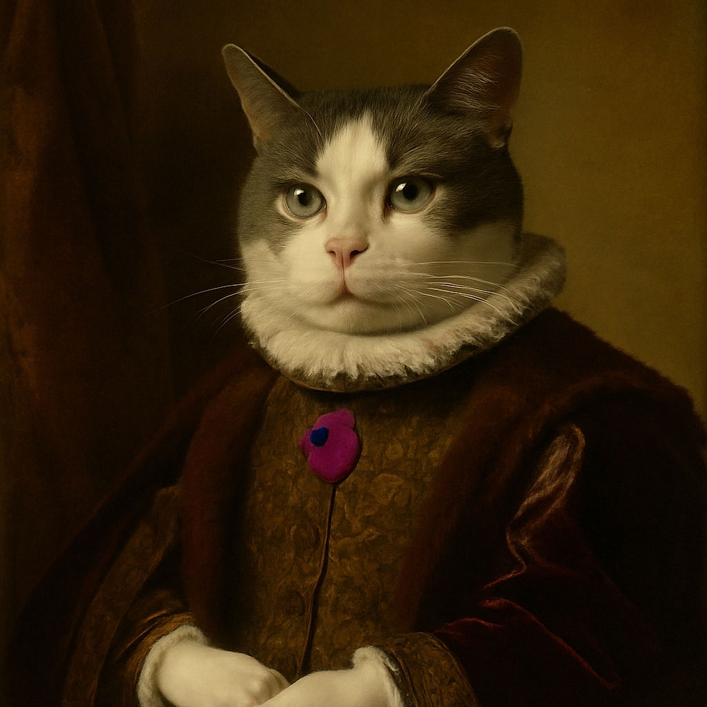 A dignified gray and white cat lounges on a carpeted floor, sporting a purple paw-shaped tag and a Pawfit collar, looking straight at the camera with a calm and curious expression.