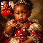 A serious-faced baby in a bright red polka-dot dress is being gently held by an adult's hands, bathed in warm golden sunlight on a balcony with a brick wall in the background.