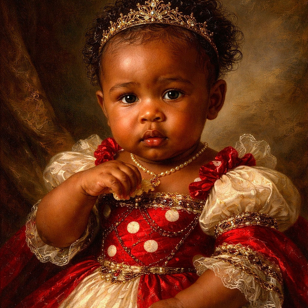 A serious-faced baby in a bright red polka-dot dress is being gently held by an adult's hands, bathed in warm golden sunlight on a balcony with a brick wall in the background.