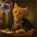 A tiny fluffy orange kitten sits on a bed with an adorably serious expression, as if it has just discovered the suspicious black cable and is preparing a formal investigation. Cozy blankets surround the scene like a royal nest.