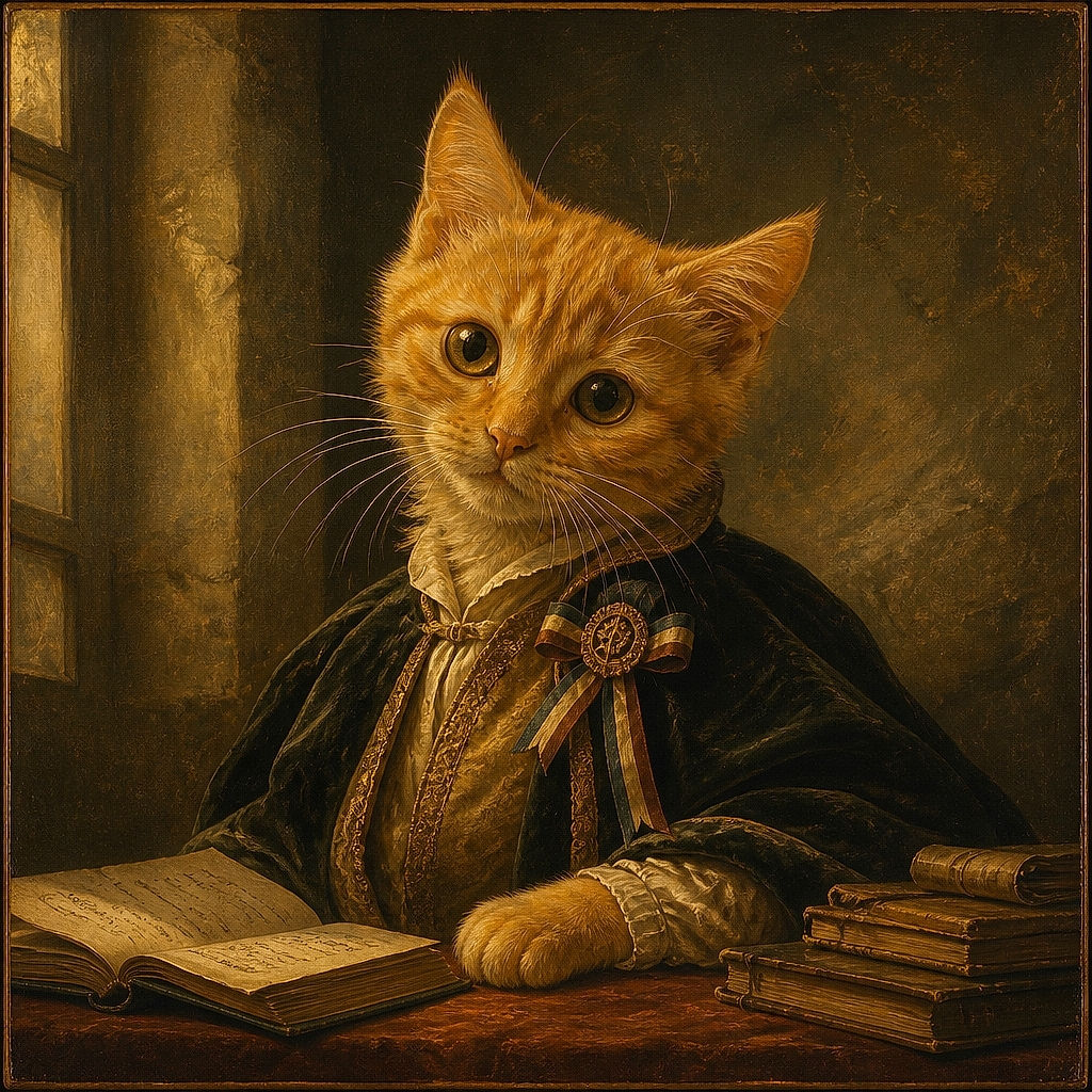 A tiny fluffy orange kitten sits on a bed with an adorably serious expression, as if it has just discovered the suspicious black cable and is preparing a formal investigation. Cozy blankets surround the scene like a royal nest.