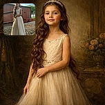A young girl in a flowing white dress stands outdoors with a confident pose, sunlight casting a warm glow on her long hair and face, set against a backdrop of a brick building, gravel, and some greenery. She looks like she's ready for a special occasion or a fairy tale moment.