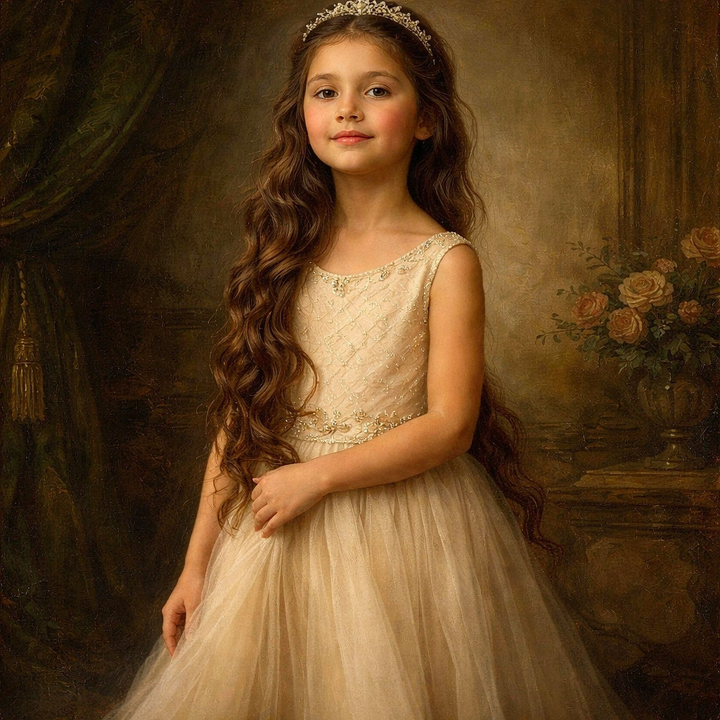 A young girl in a flowing white dress stands outdoors with a confident pose, sunlight casting a warm glow on her long hair and face, set against a backdrop of a brick building, gravel, and some greenery. She looks like she's ready for a special occasion or a fairy tale moment.