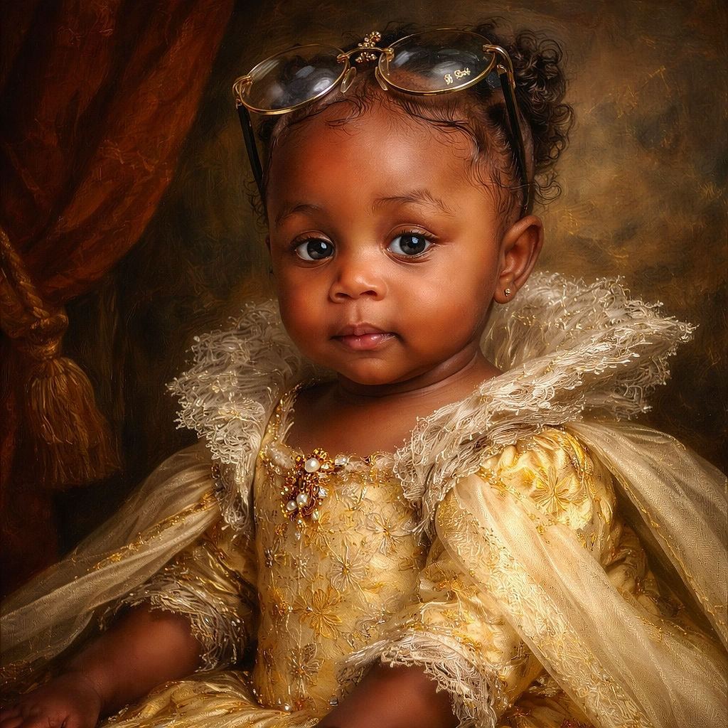 A cute toddler in a yellow outfit with orange prints is being held by an adult, rocking a pair of oversized glasses perched on their head, with a colorful and cozy indoor background featuring a bright orange curtain and playful wall decor.