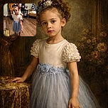 A young girl dressed in a pretty white and blue dress stands on a wooden floor in a cozy living room. Behind her, vintage-style yellow armchairs and a small table with mugs and decorations create a warm, homely atmosphere. Her hair is styled with a bow and flowers, and she looks thoughtfully at the camera.