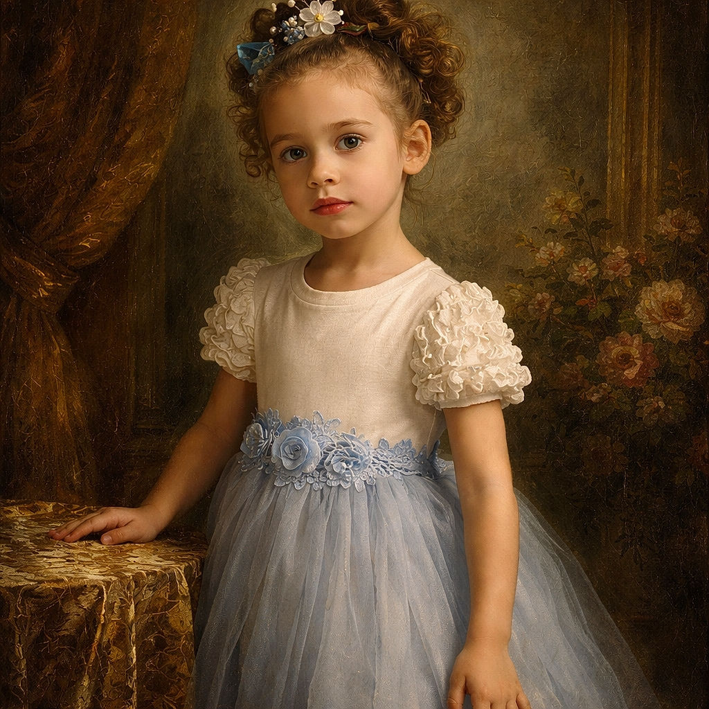 A young girl dressed in a pretty white and blue dress stands on a wooden floor in a cozy living room. Behind her, vintage-style yellow armchairs and a small table with mugs and decorations create a warm, homely atmosphere. Her hair is styled with a bow and flowers, and she looks thoughtfully at the camera.