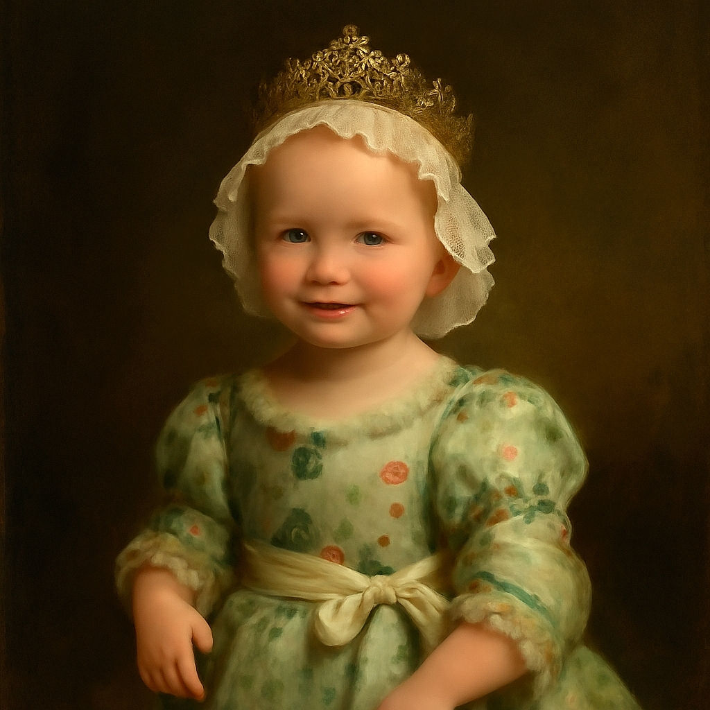 A cheerful baby wearing a frilly white bonnet and floral dress sits comfortably in a white swing attached to a large tree. The sun sets in the background, casting a warm glow over the peaceful garden scene with greenery, a parked car, and a stone on the grass nearby.