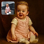 A cheerful baby wearing pink overalls and frilly white socks sits happily on a grey ottoman, with a cozy dark grey couch and silver patterned wallpaper in the background, radiating pure joy and cuteness.