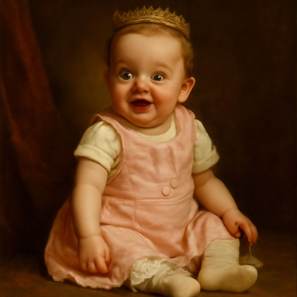 A cheerful baby wearing pink overalls and frilly white socks sits happily on a grey ottoman, with a cozy dark grey couch and silver patterned wallpaper in the background, radiating pure joy and cuteness.