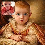 A curious baby in a cozy orange outfit is lying on a white bed, looking directly at the camera with big, expressive eyes and tiny fists clenched, ready to explore the world.