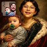 A candid snapshot of a baby with a pacifier and a smiling adult in the background, both caught mid-motion, creating a lively and spontaneous family moment indoors with warm, homey decor.