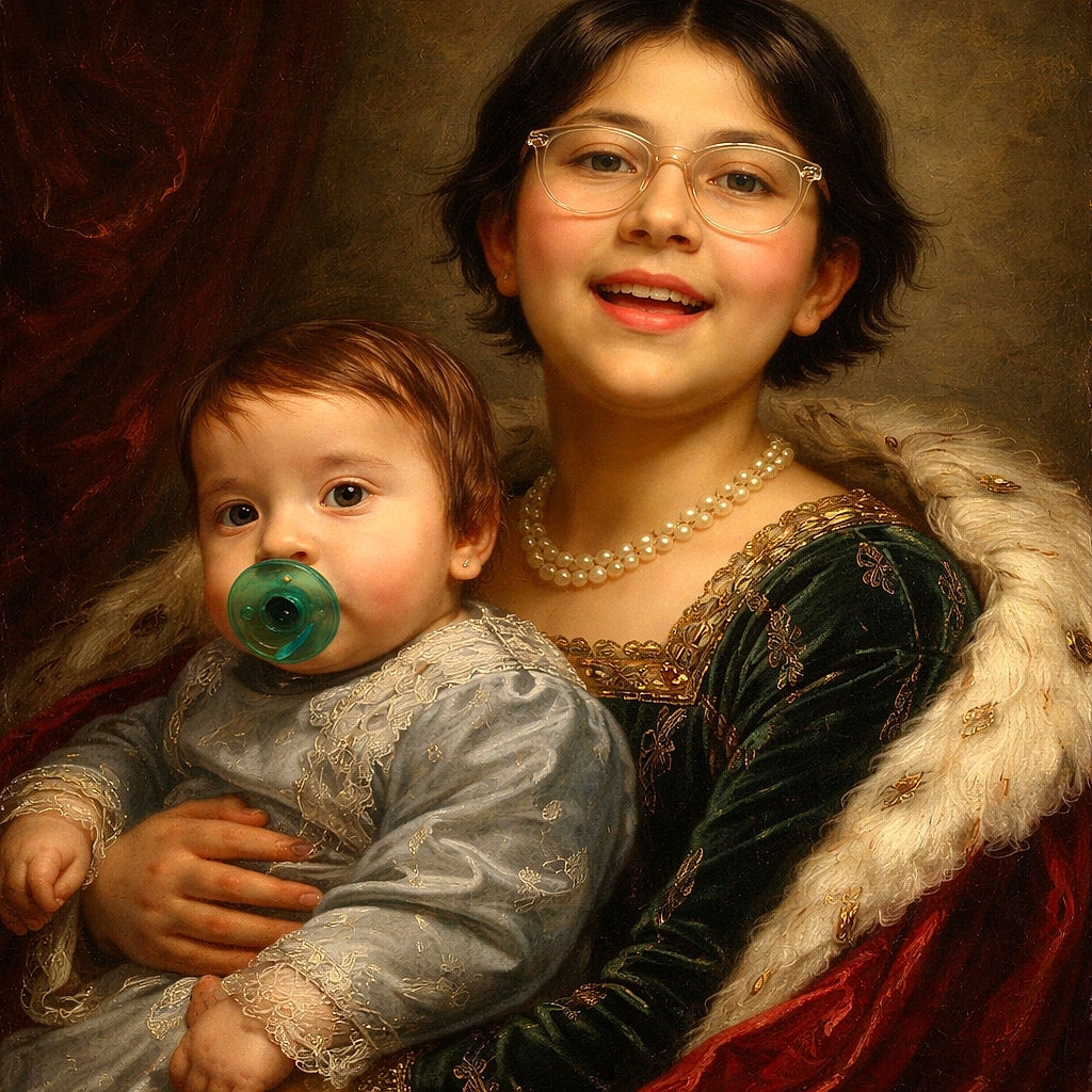 A candid snapshot of a baby with a pacifier and a smiling adult in the background, both caught mid-motion, creating a lively and spontaneous family moment indoors with warm, homey decor.