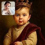 A close-up of an adorable baby with big curious eyes and tousled hair, lying on a soft white bed, looking straight into the camera with an innocent and playful expression.